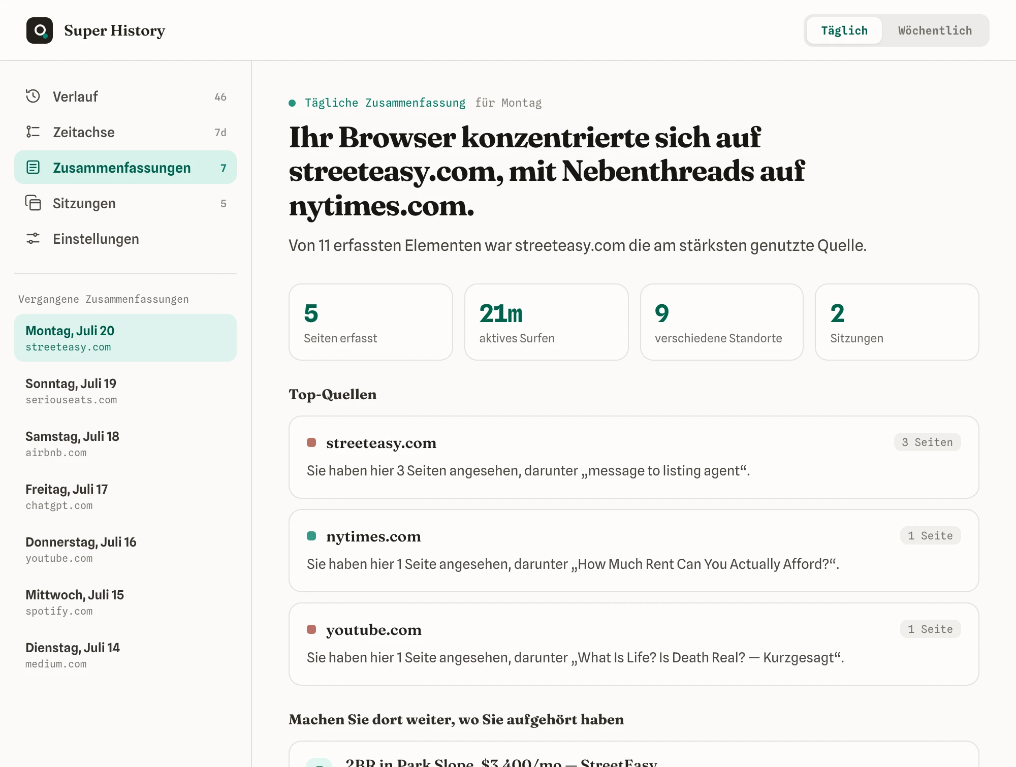 Eine tägliche Zusammenfassung deines Surfens, mit deinen aktivsten Quellen