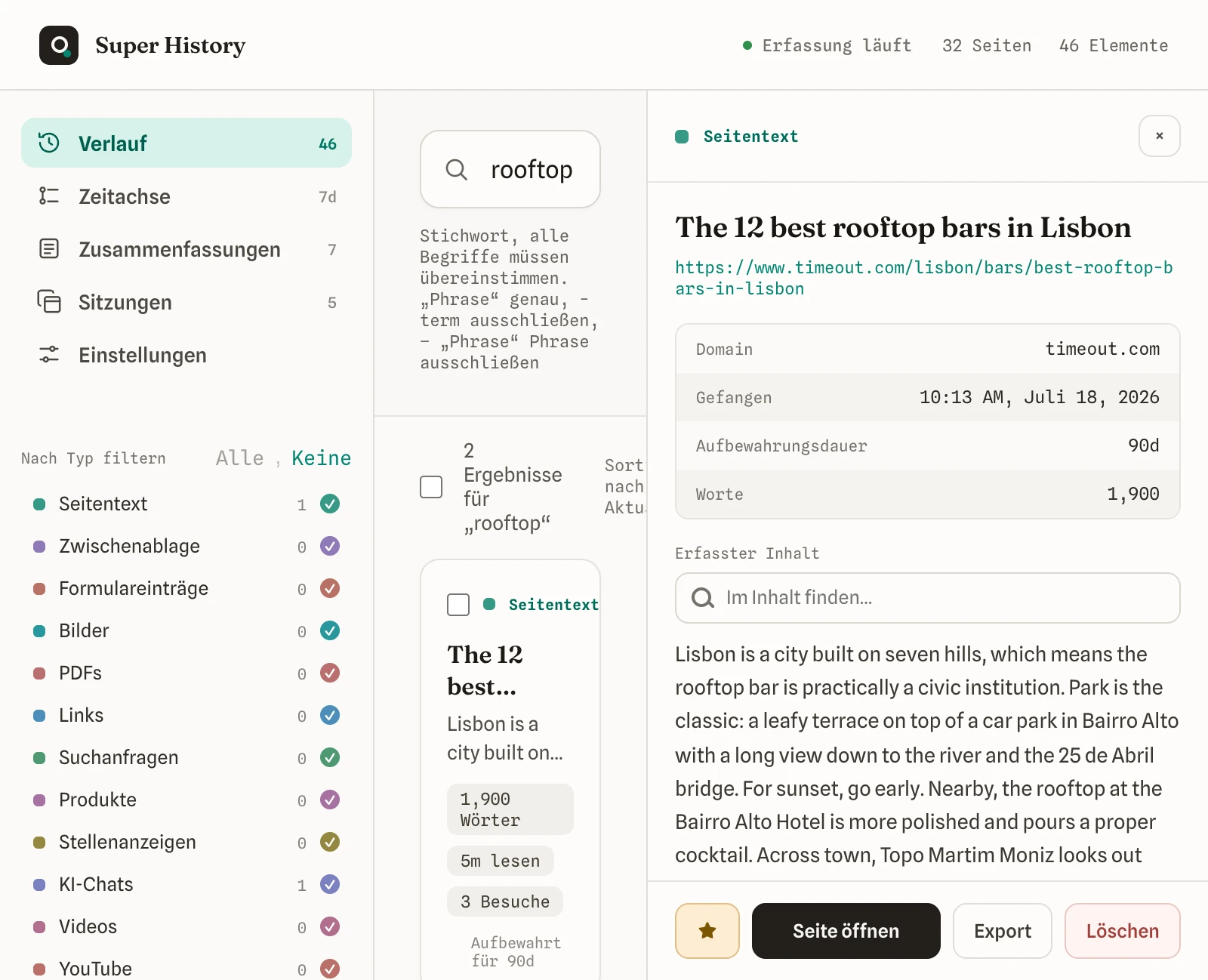 Suche in Super History, mit gespeicherten Seiten und einem KI-Chat