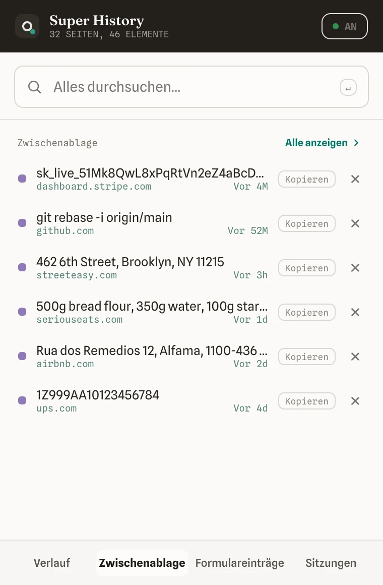 Der Zwischenablage-Tab im Popup mit den zuletzt kopierten Ausschnitten