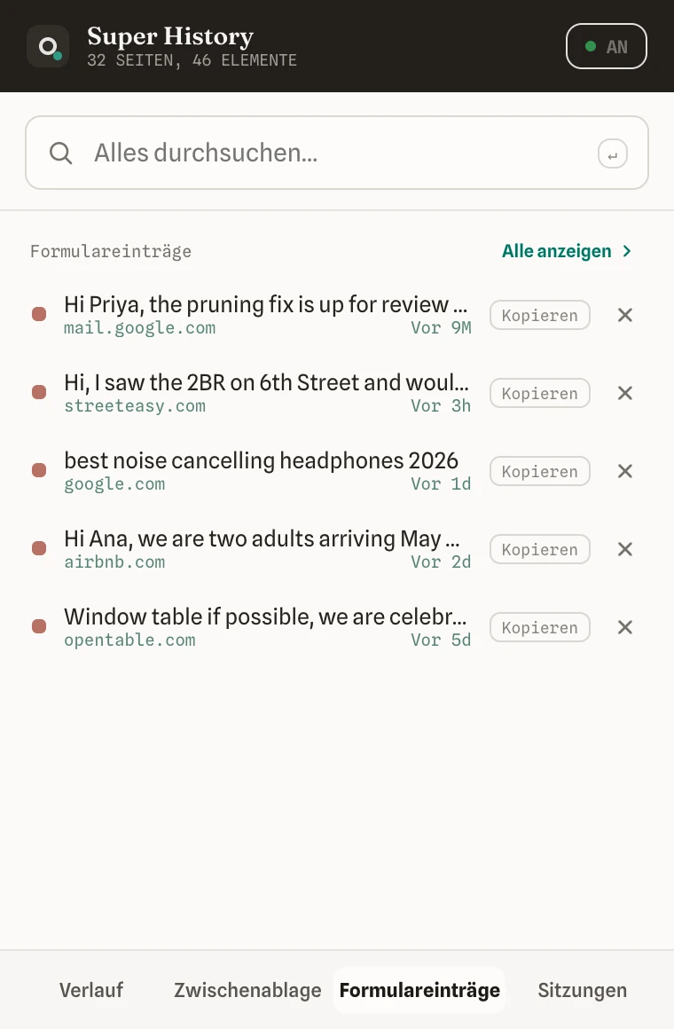 Der Tab „Formulareinträge“ im Popup mit den von Ihnen getippten Werten