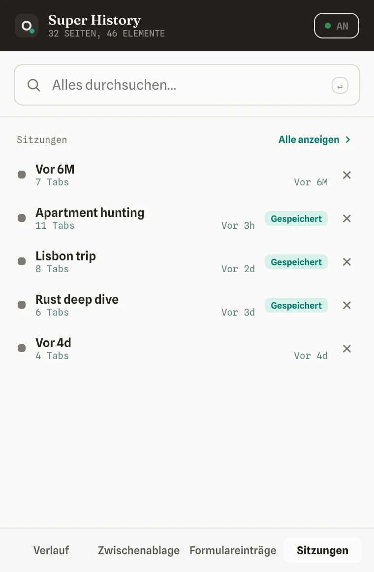 Der Sitzungen-Tab im Popup mit gespeicherten Tab-Sätzen