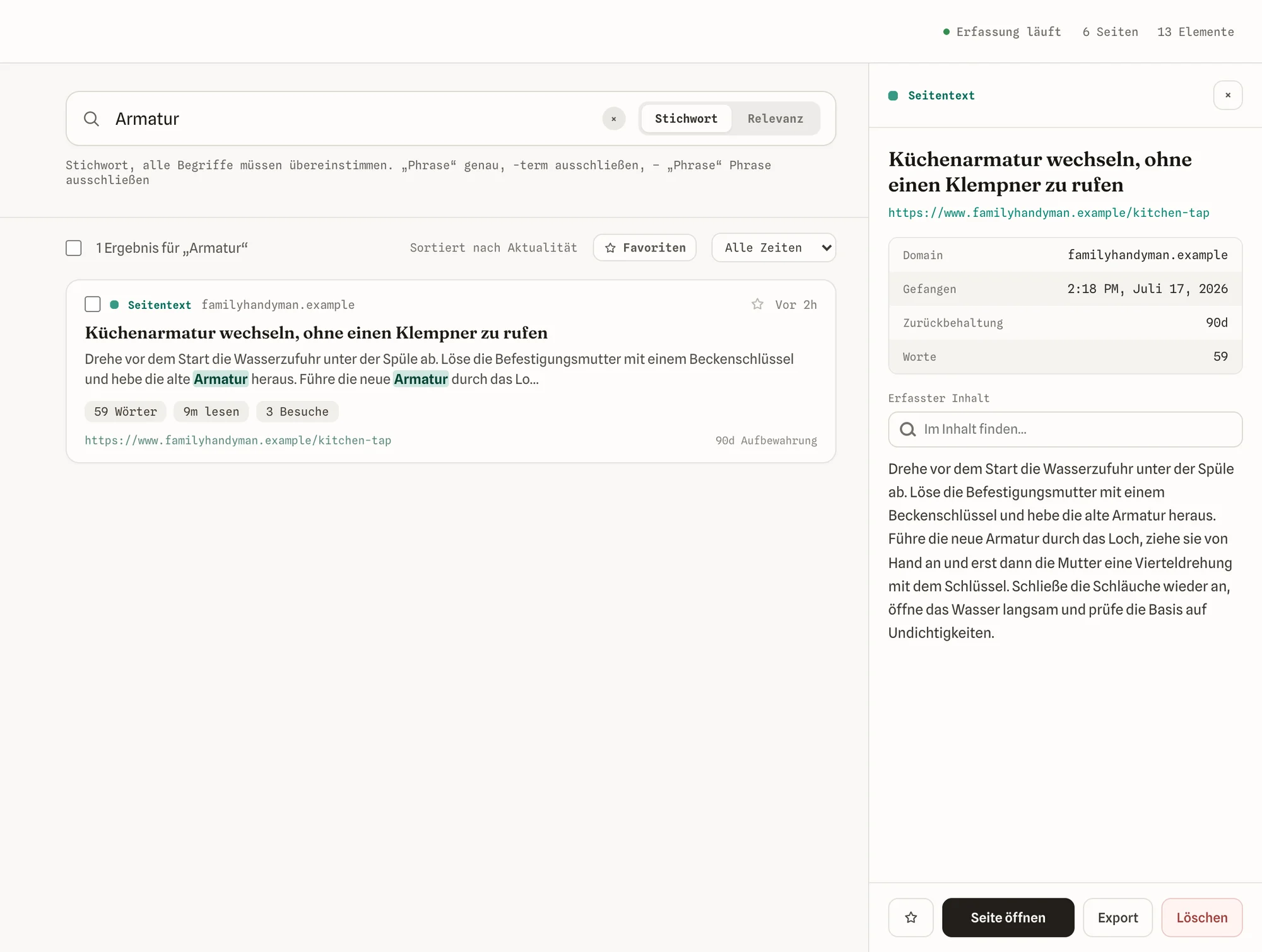 Eine gespeicherte Seite geöffnet, mit ihrem vollständig erfassten Text und Details