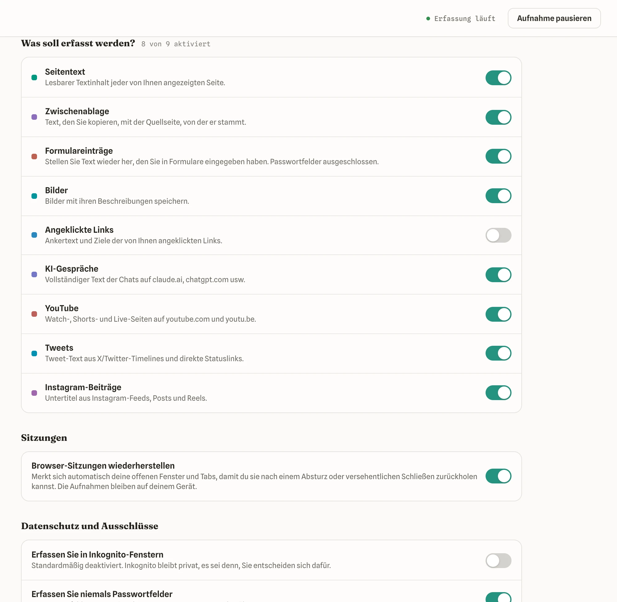 Einstellungen, mit Schaltern für die Erfassung und Datenschutzoptionen