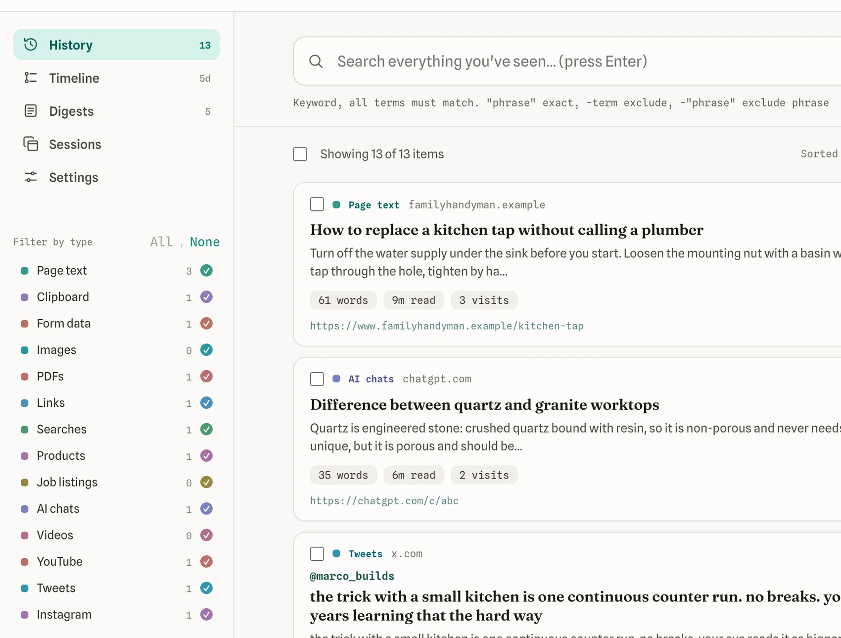 The filter menu listing every kind of thing the extension saves