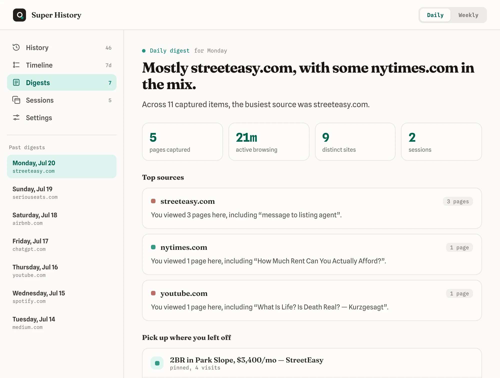 A daily recap of your browsing, with your busiest sources