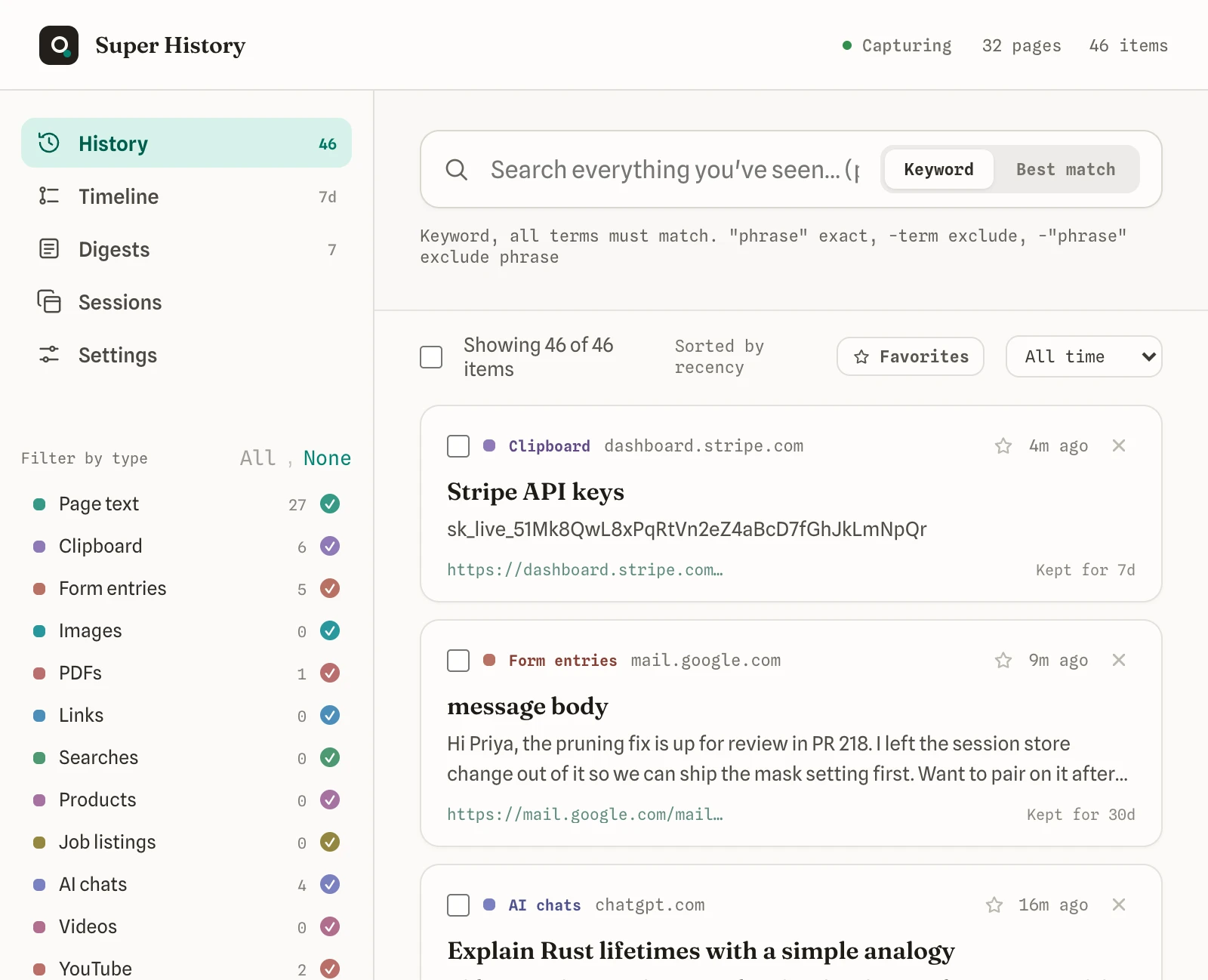 Super History search, with saved pages and an AI chat