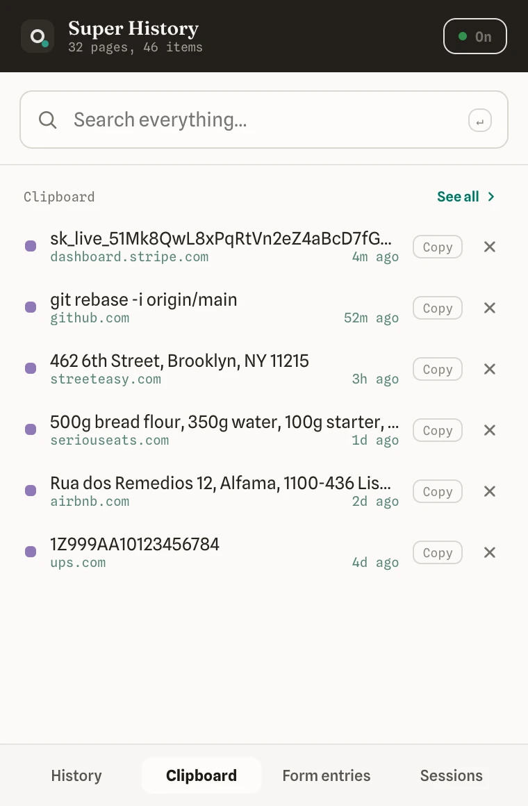 The popup Clipboard tab listing recently copied snippets