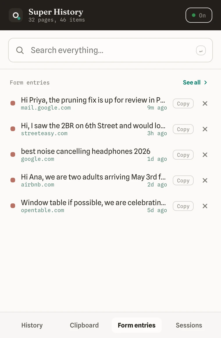 The popup Form entries tab listing values you typed