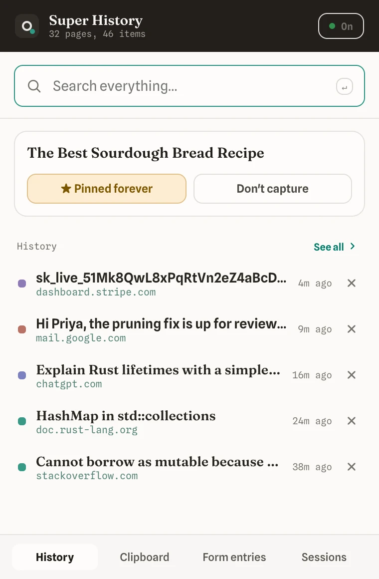 The extension popup showing recent captures and a search box