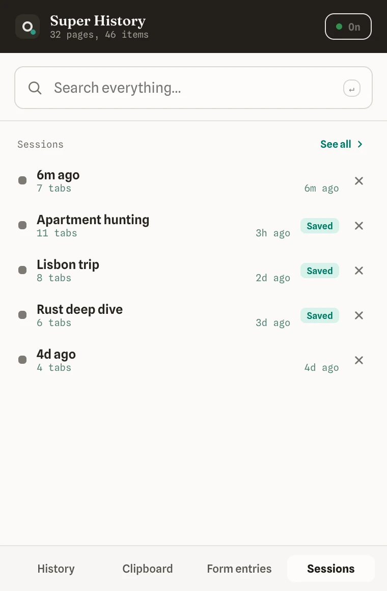 The popup Sessions tab listing saved sets of tabs