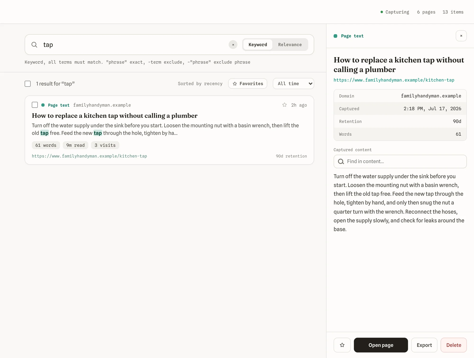A saved page opened, with its full captured text and details