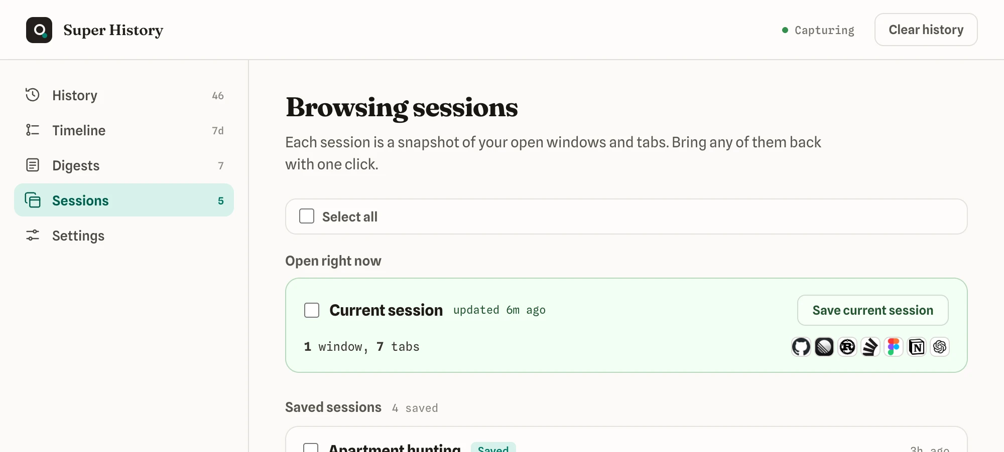 Saved browsing sessions you can restore in one click