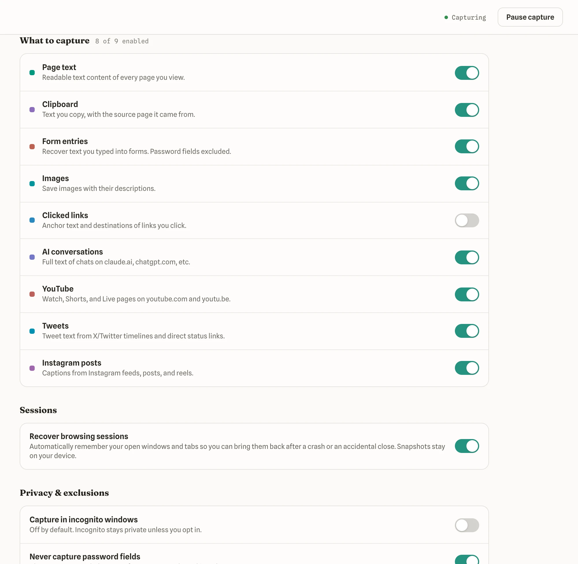Settings, with capture toggles and privacy controls