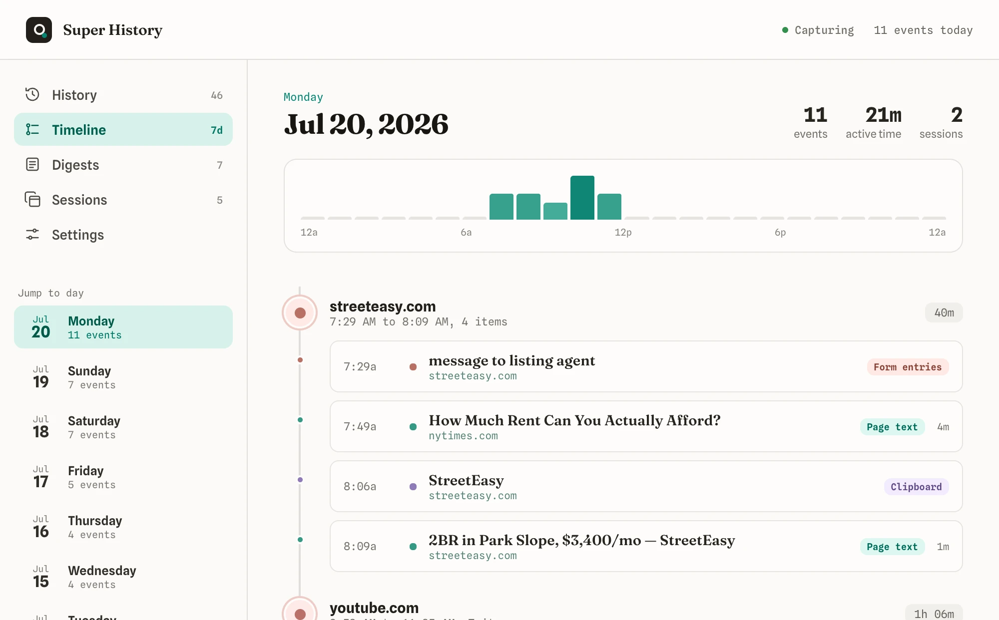 A day-by-day timeline of everything you looked at
