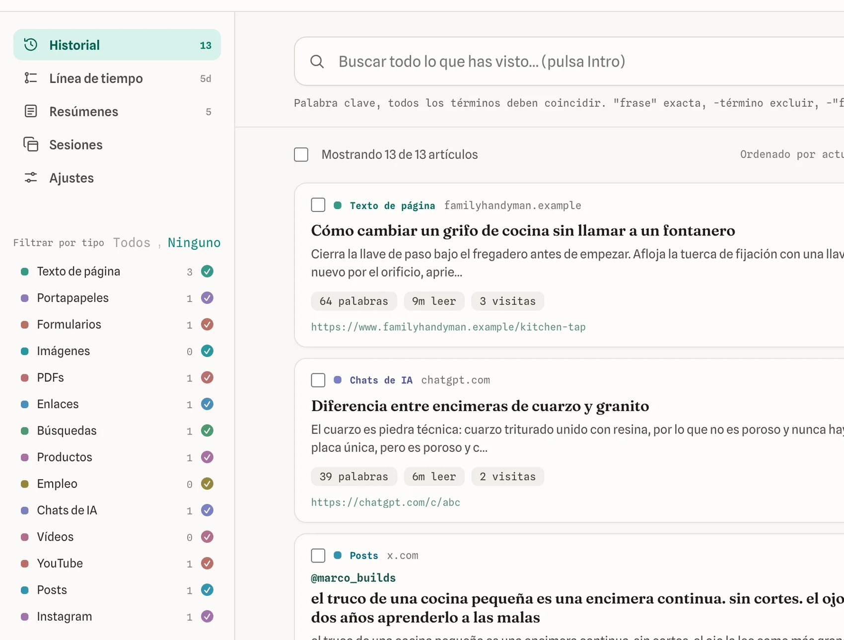 El menú de filtros con todos los tipos de cosas que guarda la extensión