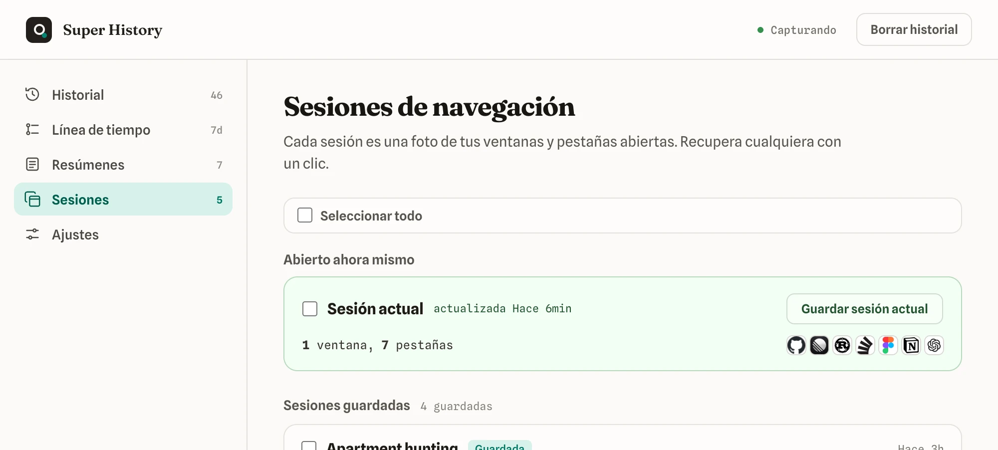 Sesiones de navegación guardadas que puedes restaurar con un clic