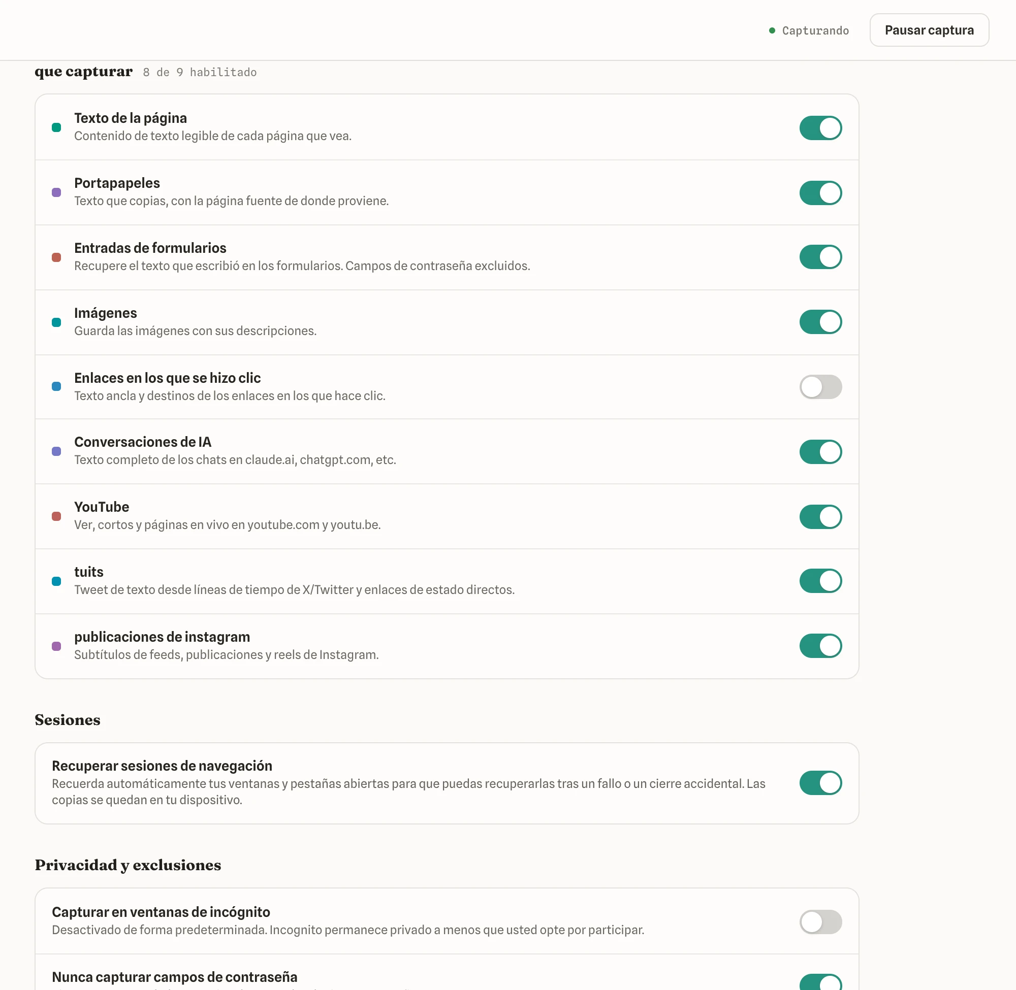 Ajustes, con interruptores de captura y controles de privacidad