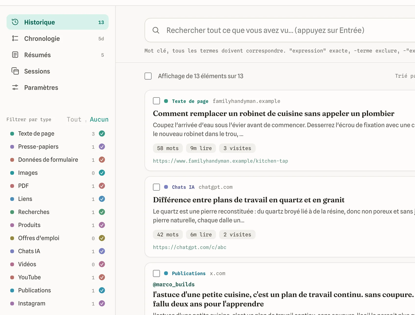 Le menu de filtres listant chaque type de contenu que l'extension enregistre
