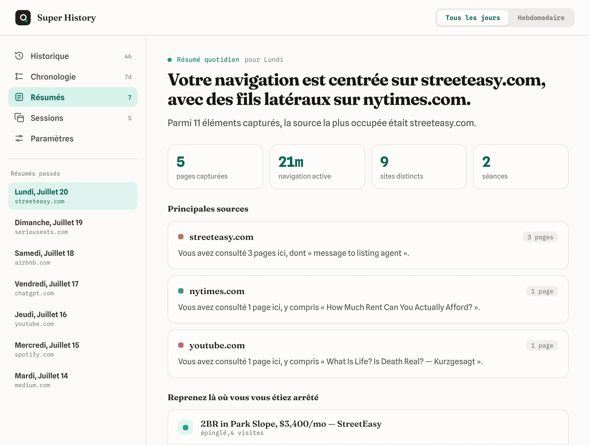 Un récapitulatif quotidien de votre navigation, avec vos sources les plus visitées