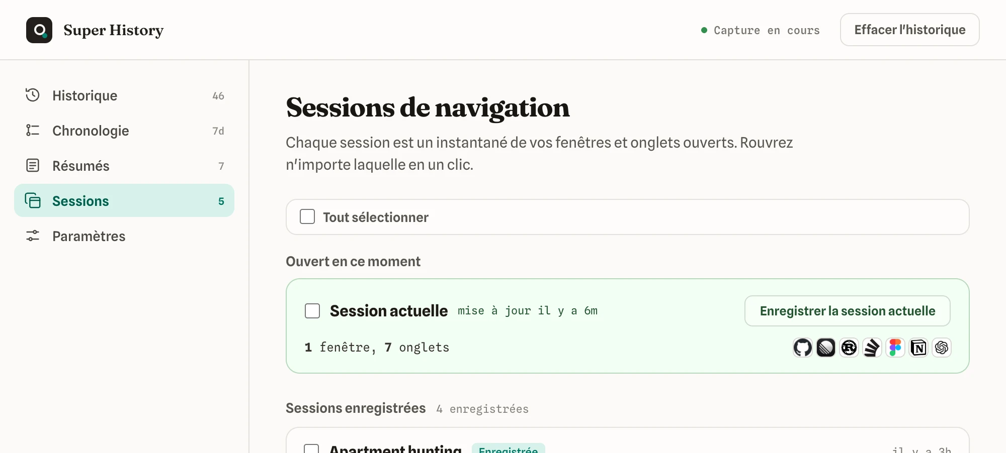 Des sessions de navigation enregistrées, à rouvrir en un clic
