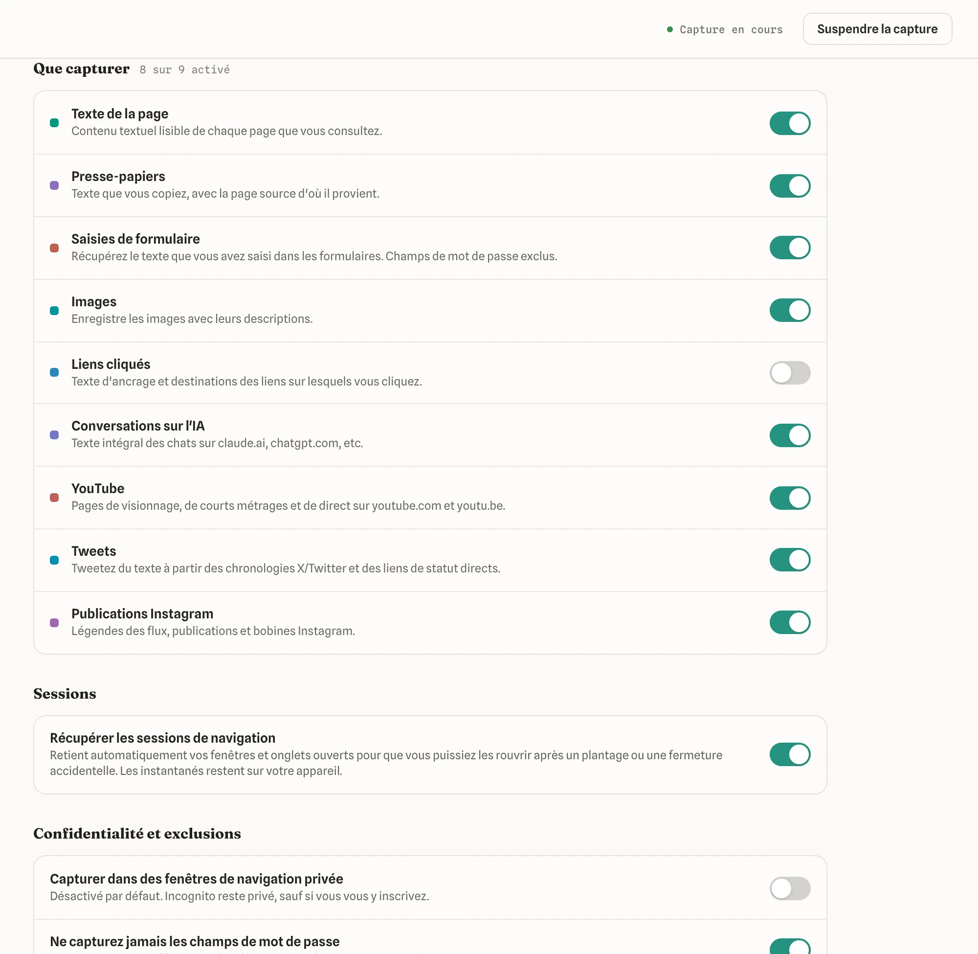 Réglages, avec les interrupteurs de capture et les contrôles de confidentialité