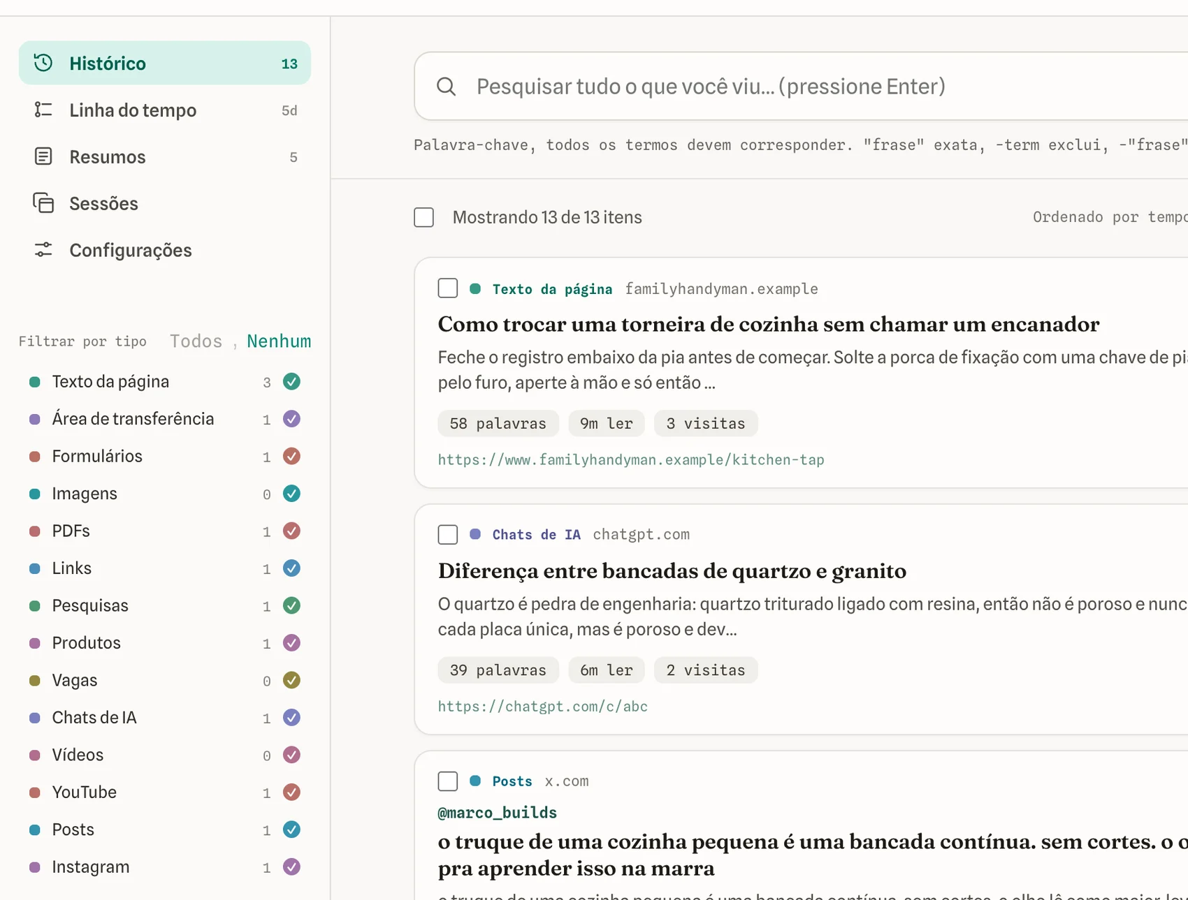 O menu de filtros com todos os tipos de coisa que a extensão salva