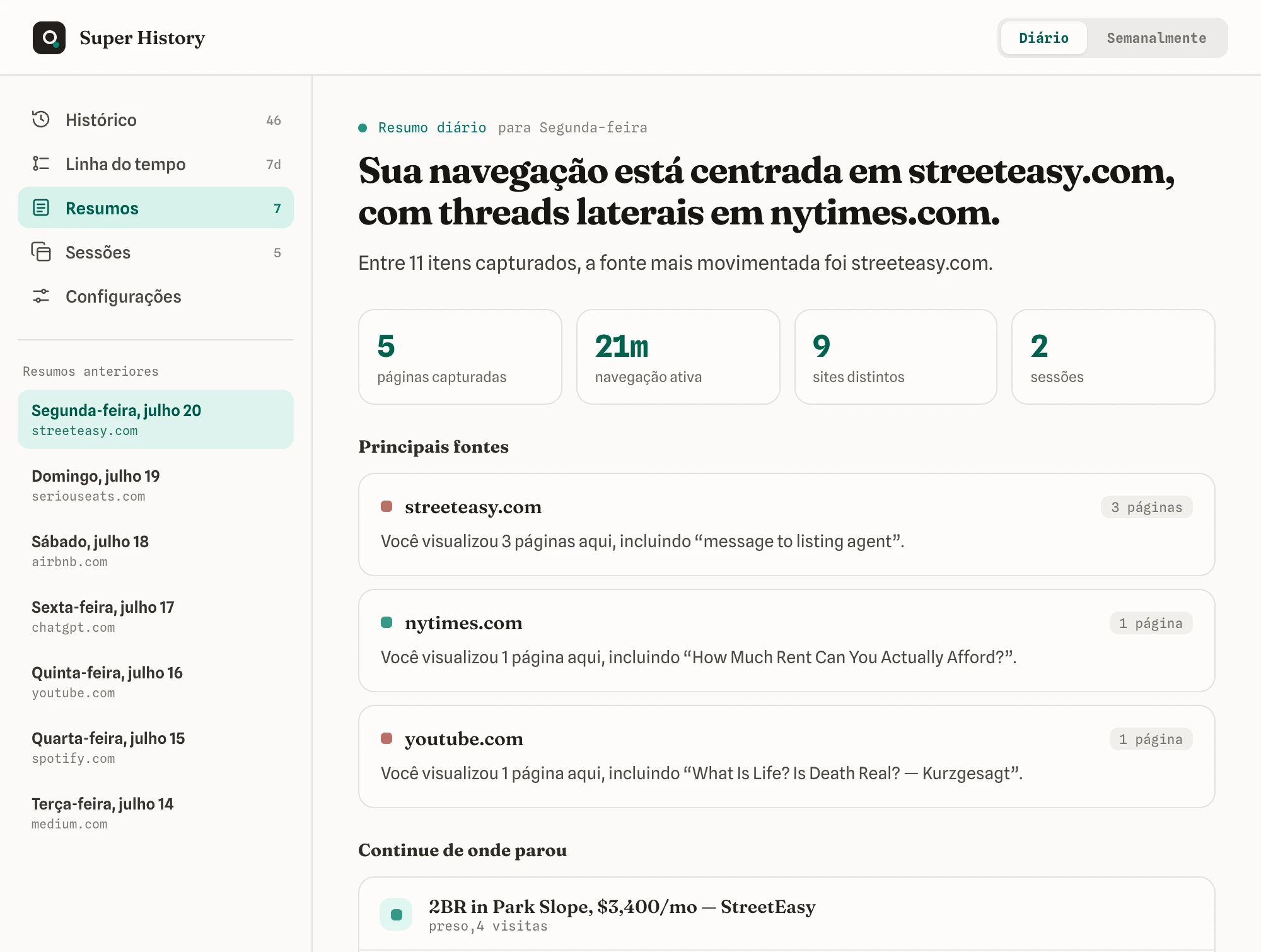 Um resumo diário da sua navegação, com suas fontes mais usadas