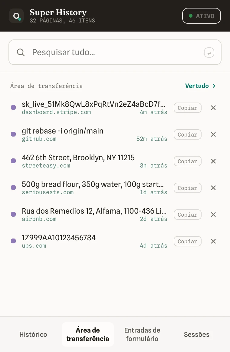 A aba Área de transferência do pop-up com os trechos copiados recentemente