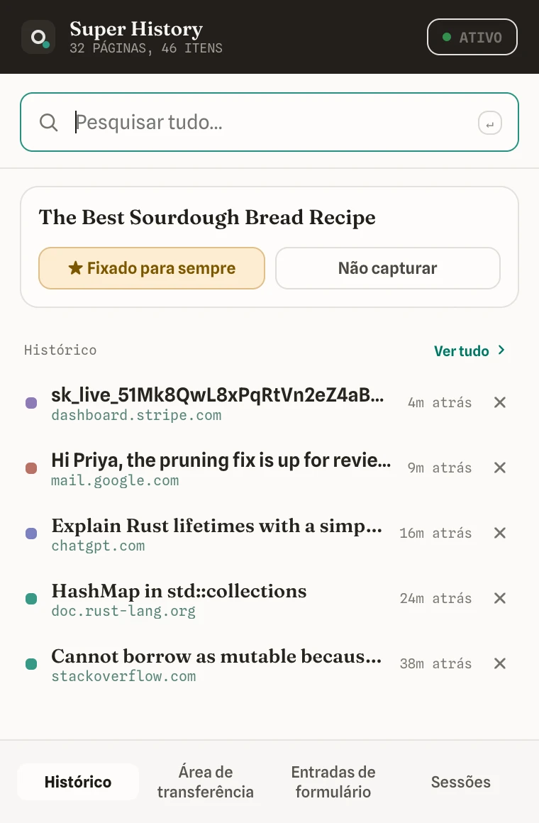 O pop-up da extensão mostrando as capturas recentes e um campo de busca