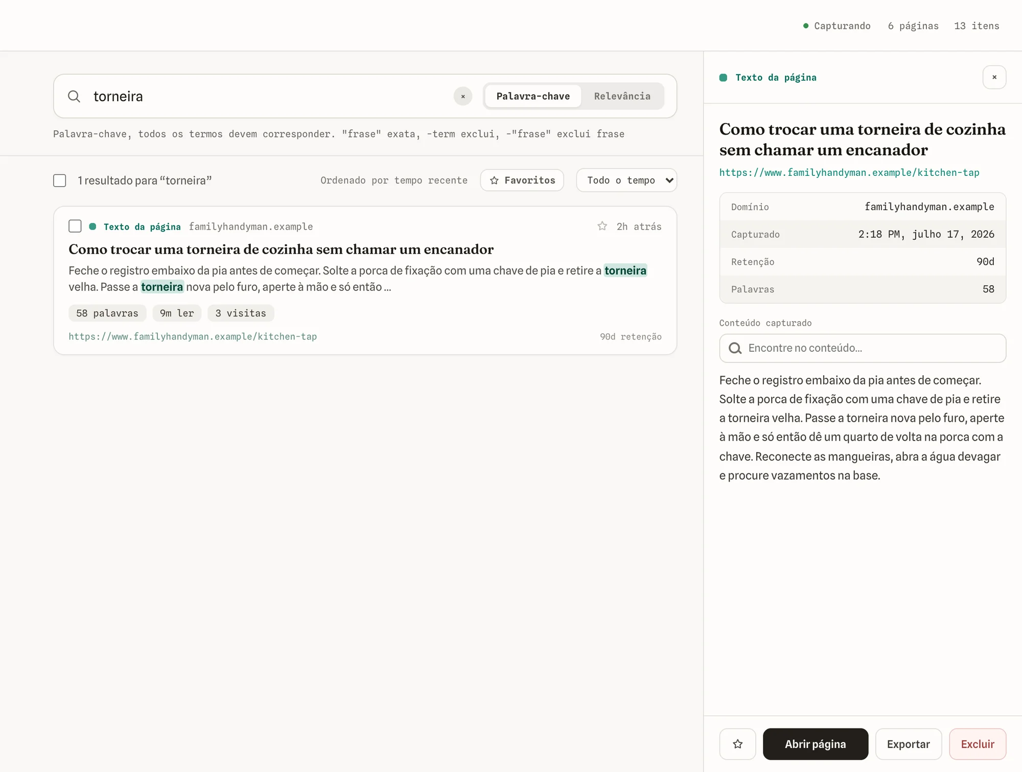 Uma página salva aberta, com seu texto completo capturado e detalhes