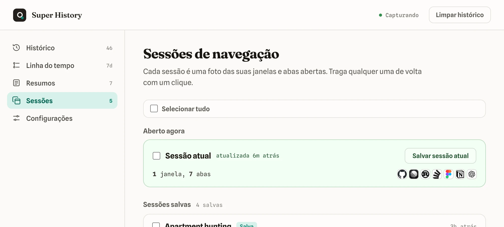 Sessões de navegação salvas que você restaura com um clique