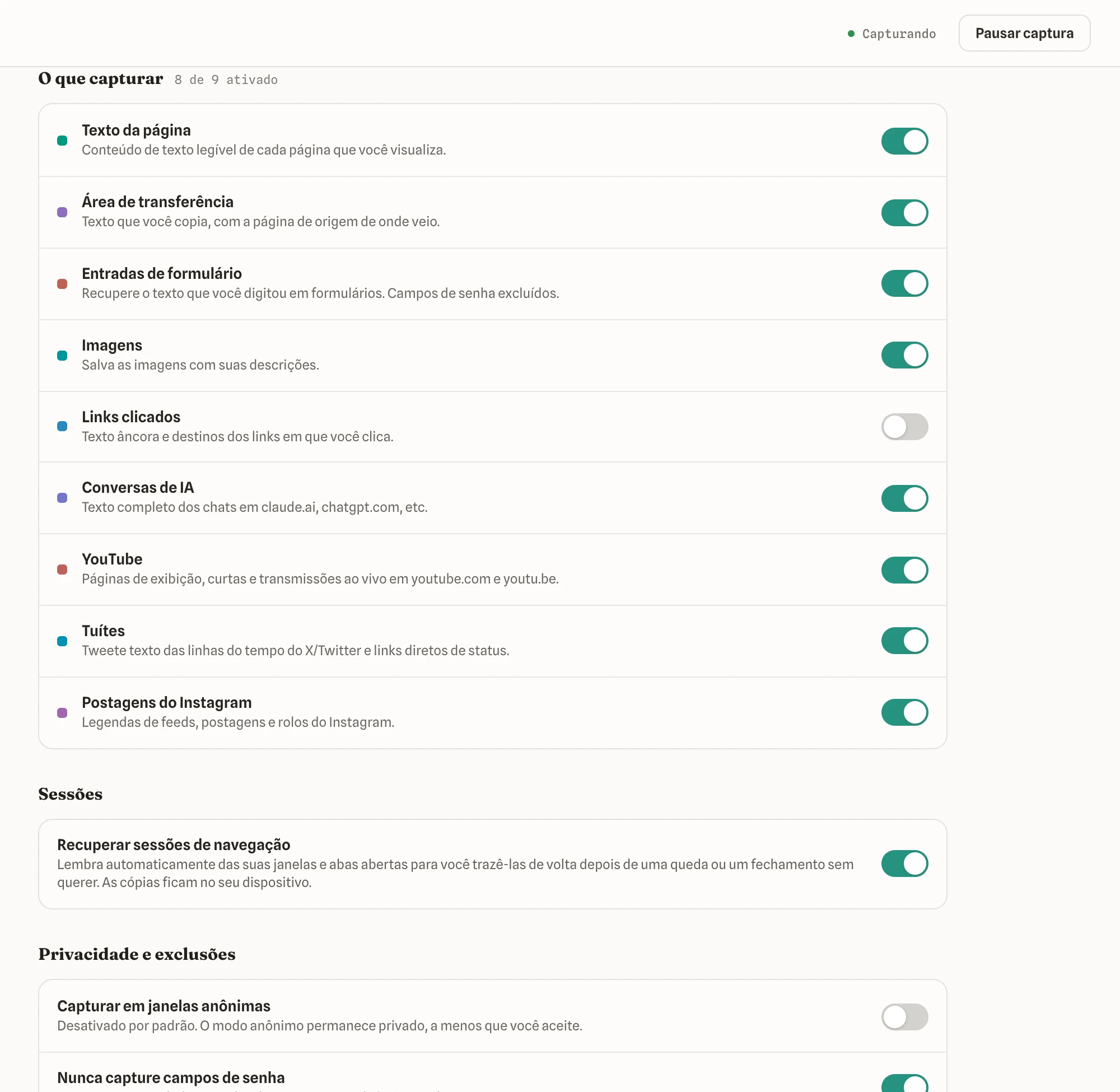 Configurações, com opções de captura e controles de privacidade